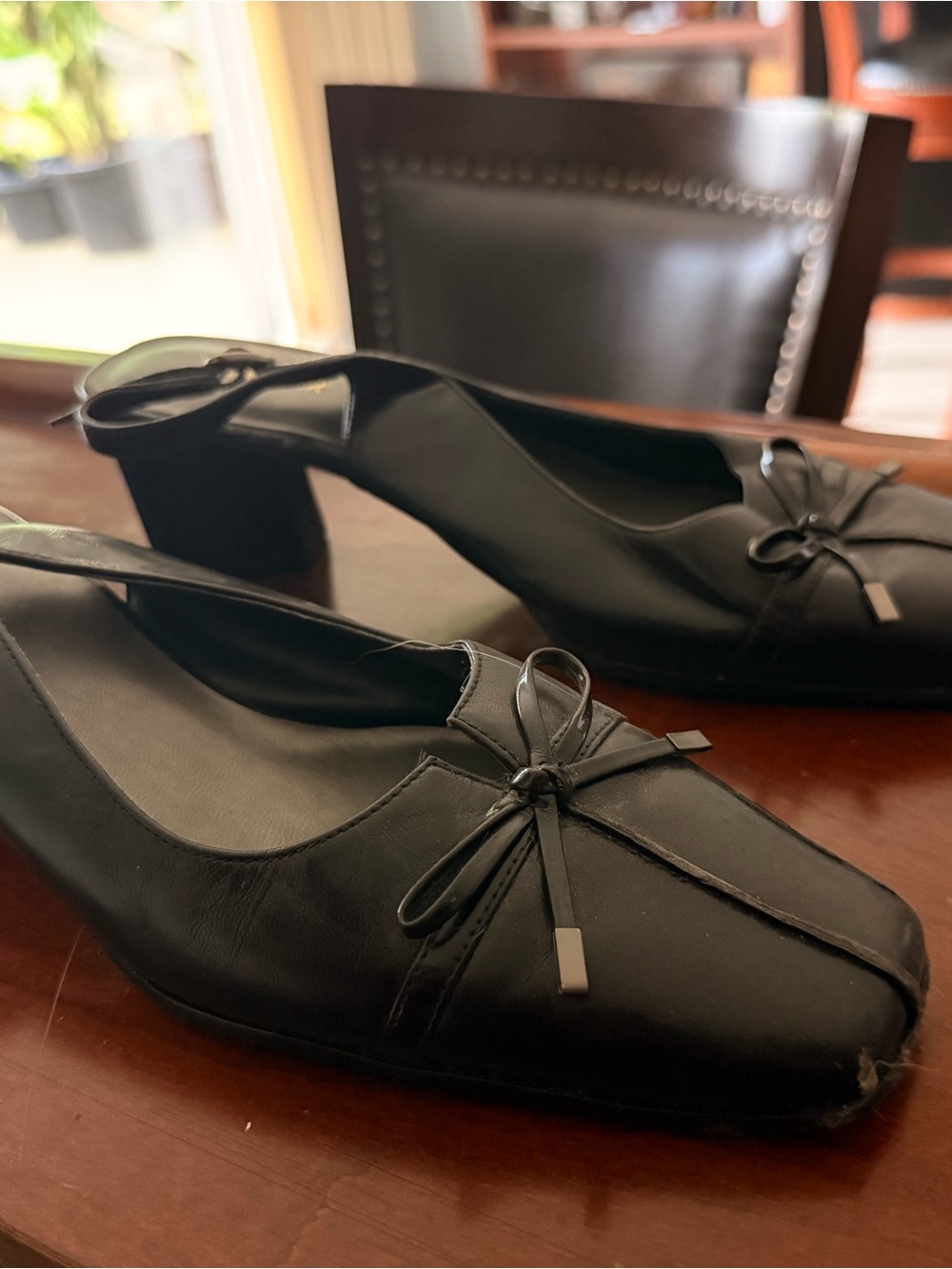 Liz Baker Black Slingback Low Block Heel Pumps with Toe Bow